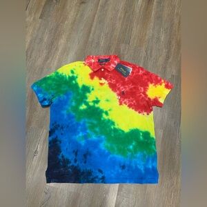POLO RALPH LAUREN Rainbow Tie Dye Custom Slim Fit Mesh Polo Shirt Men's Sz L